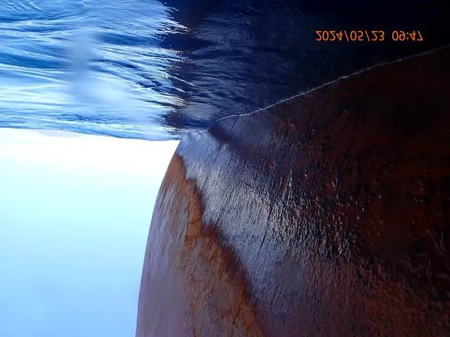 Starboard bow before cleaning, covered in marine growth