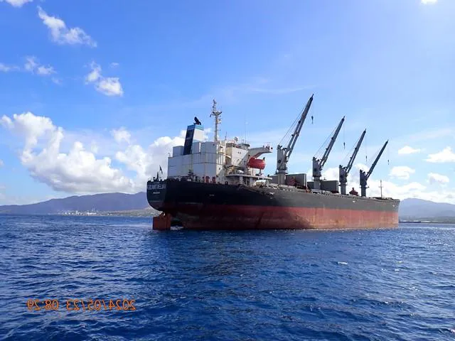 The bulk carrier at Sta. Clara anchorage, Batangas, on the day of the hull cleaning