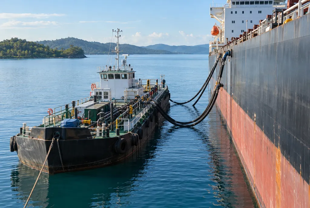 Bunker barge alongside a ship with fuel hoses connected (illustration)