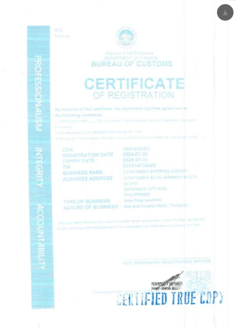 Certificate of Registration issued by Bureau of Customs (BOC) to V. Faytaren Shipping Agency