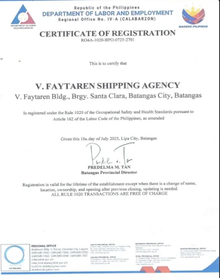 Certificate of Registration issued by Department of Labor and Employment (DOLE) to V. Faytaren Shipping Agency