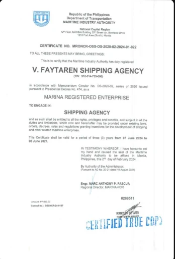MARINA Registered Enterprise issued by Maritime Industry Authority (MARINA) to V. Faytaren Shipping Agency