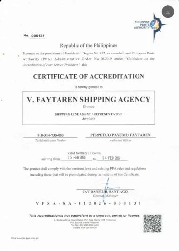 Certificate of Accreditation issued by Philippine Ports Authority (PPA) to V. Faytaren Shipping Agency