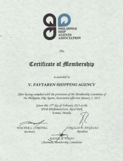 Certificate of Membership issued by Philippine Ship Agents Association (PSAA) to V. Faytaren Shipping Agency