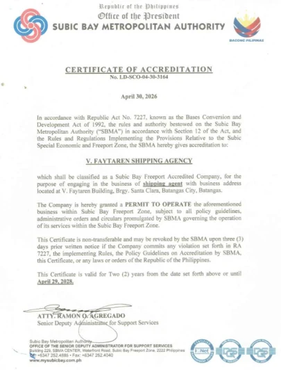 Certificate of Accreditation issued by Subic Bay Metropolitan Authority (SBMA) to V. Faytaren Shipping Agency